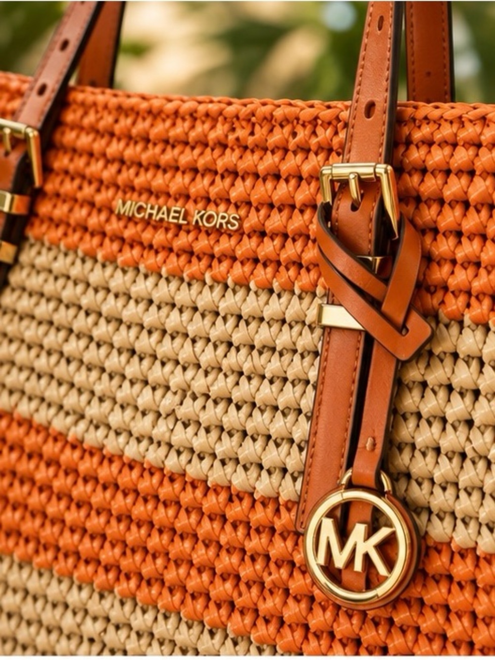 Michael Kors Quinn Straw Tote Orange Stripe Large Beach Travel  Bag Bold Coastal - Picture 3 of 10